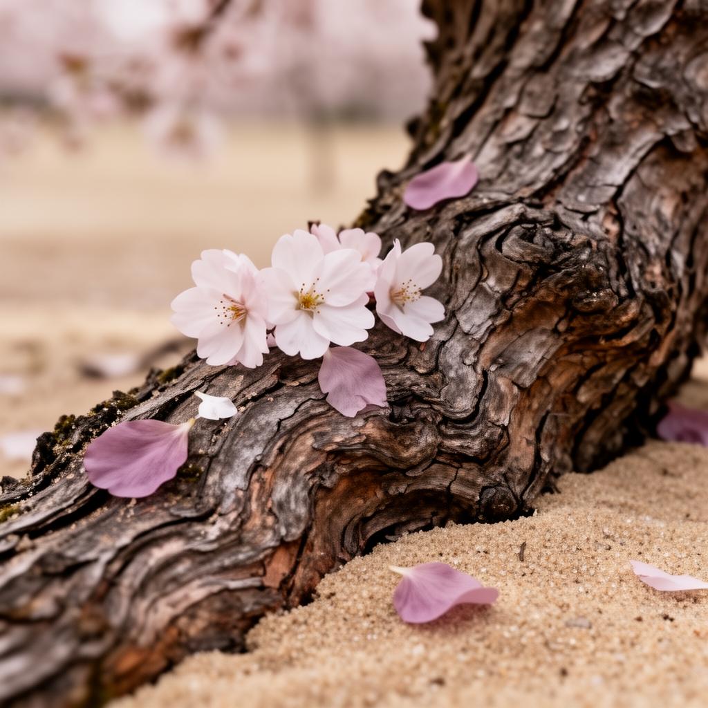 Cherry blossom petals resting on aged tree bark