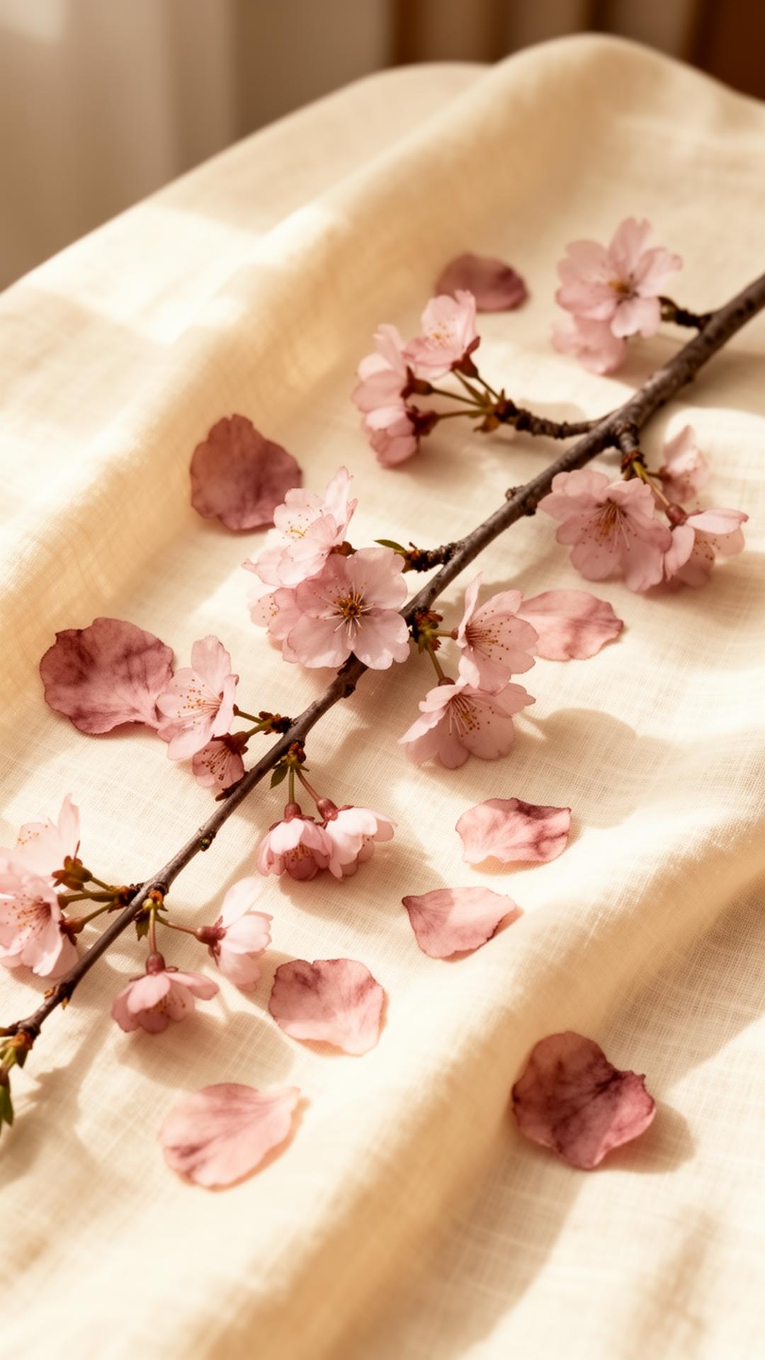 Delicate cherry blossom branches on warm cream linen